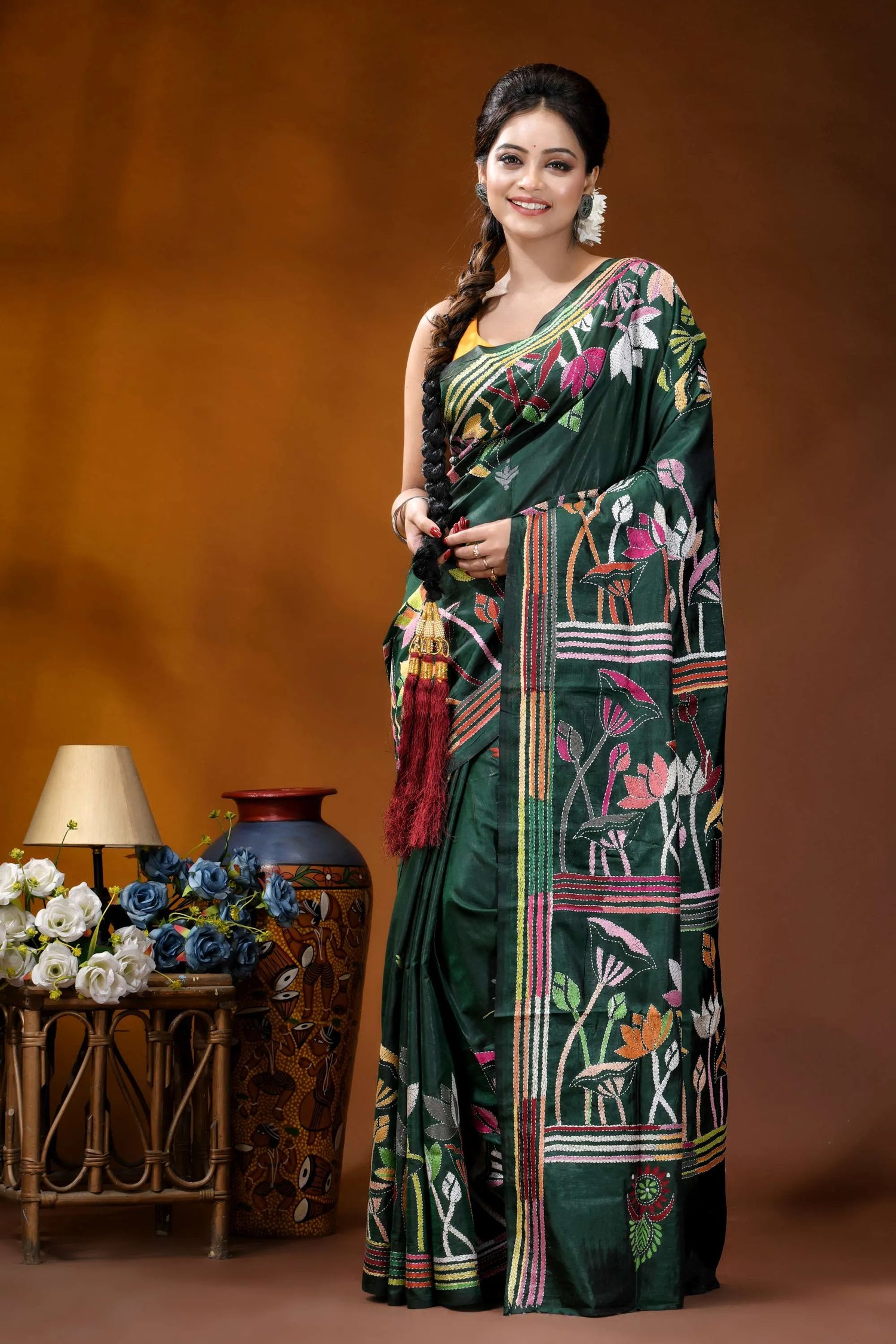 Jungle green lotus design handcrafted kantha embroidery silk saree dark green silk saree adorned 1