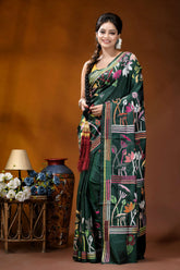 Jungle green lotus design handcrafted kantha embroidery silk saree dark green silk saree adorned 1