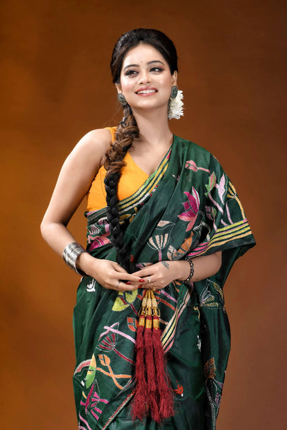 Jungle green lotus design handcrafted kantha embroidery silk saree woman wears dark green silk 2