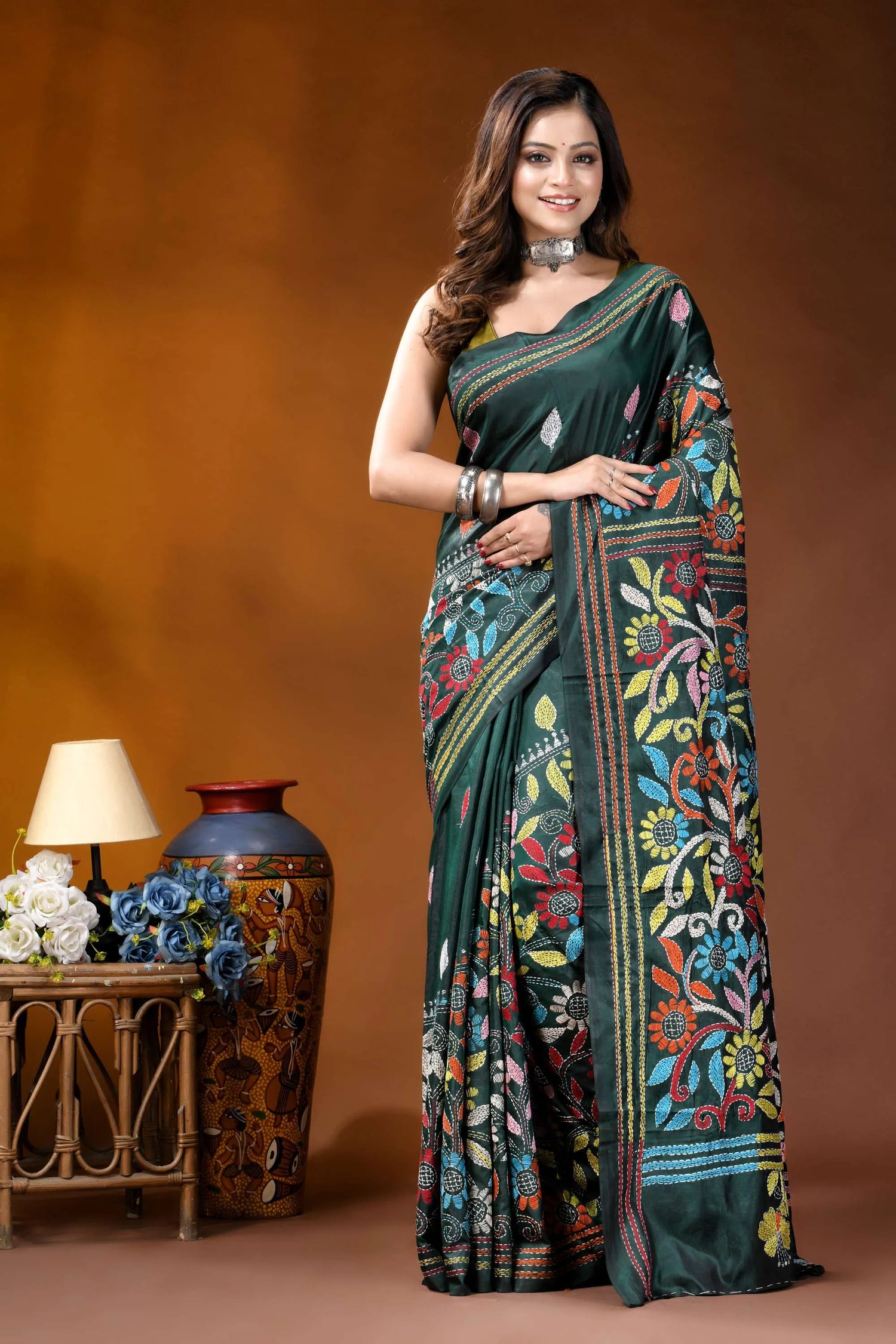 Jungle green multicolor floral hand embroidered kantha silk saree dark green silk saree adorned 1