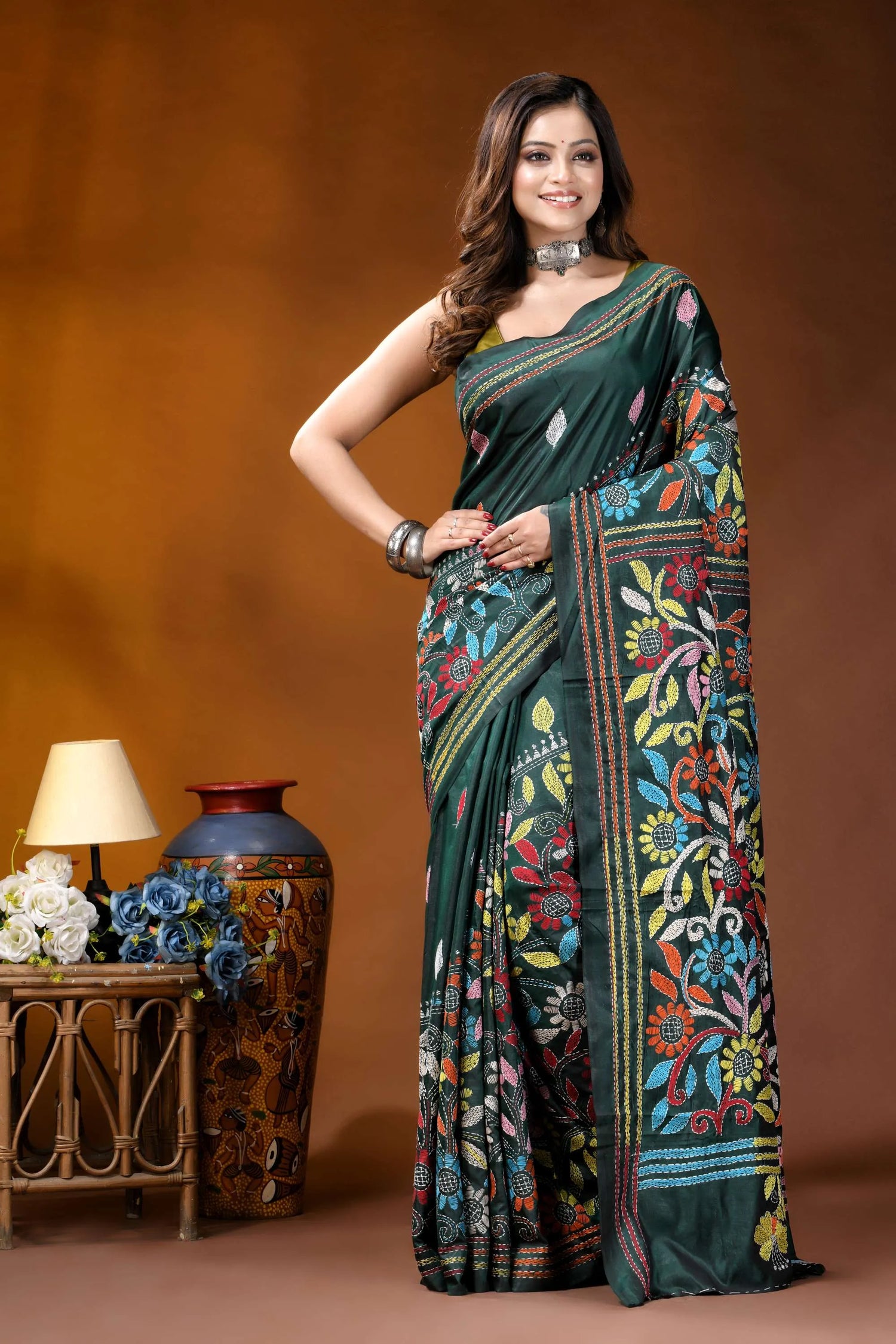 Jungle green multicolor floral hand embroidered kantha silk saree dark green silk saree adorned 6