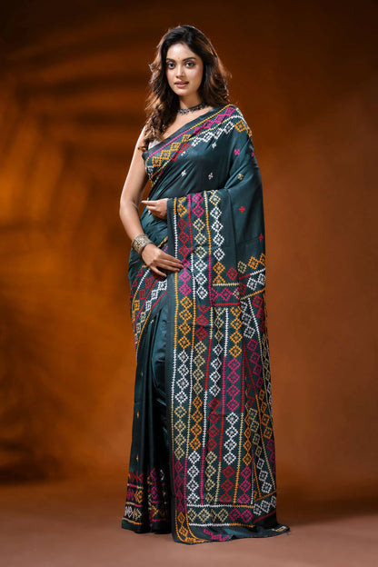 Jungle green multithread hand embroidered kutch work saree in silk 1