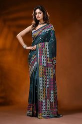 Jungle green multithread hand embroidered kutch work saree in silk 6