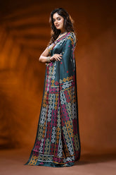 Jungle green multithread hand embroidered kutch work saree in silk 3