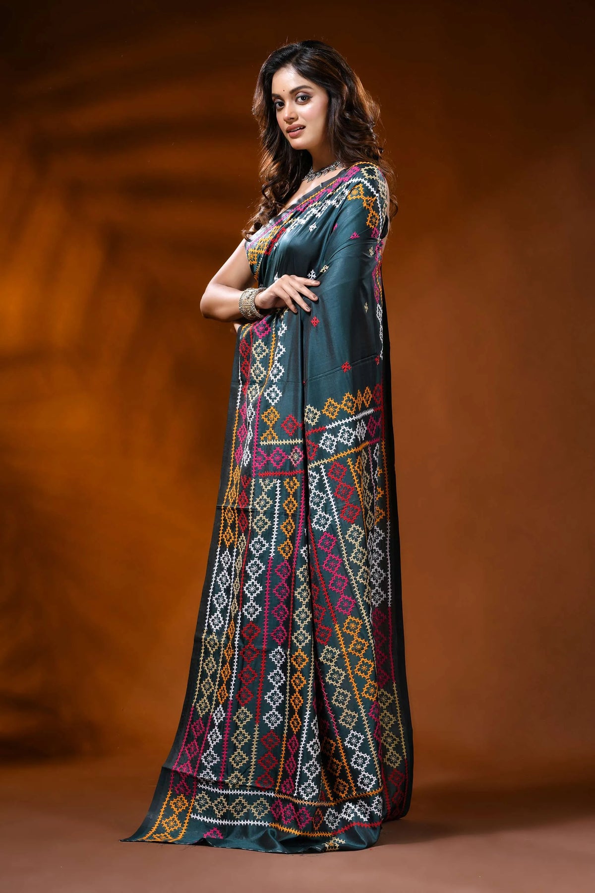 Jungle green multithread hand embroidered kutch work saree in silk 3