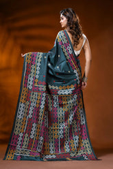 Jungle green multithread hand embroidered kutch work saree in silk 5