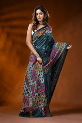 Jungle green multithread hand embroidered kutch work saree in silk 4