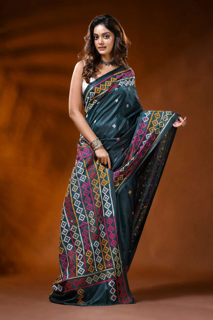 Jungle green multithread hand embroidered kutch work saree in silk 4