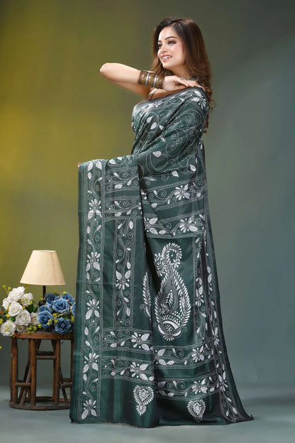 Jungle green paisley design handcrafted kantha silk saree dark green silk saree adorned 3
