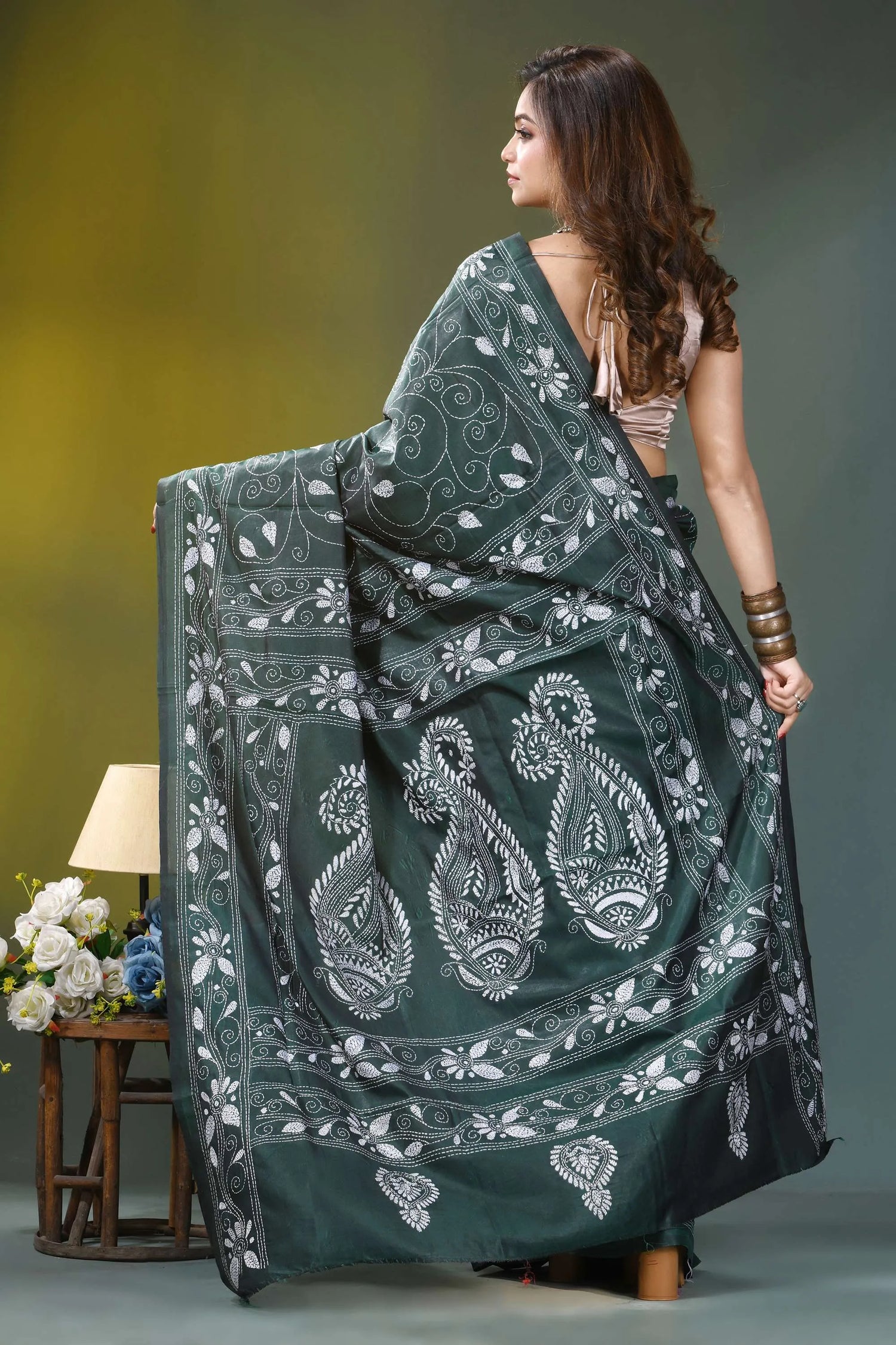 Jungle green paisley design handcrafted kantha silk saree dark green saree intricate white 5