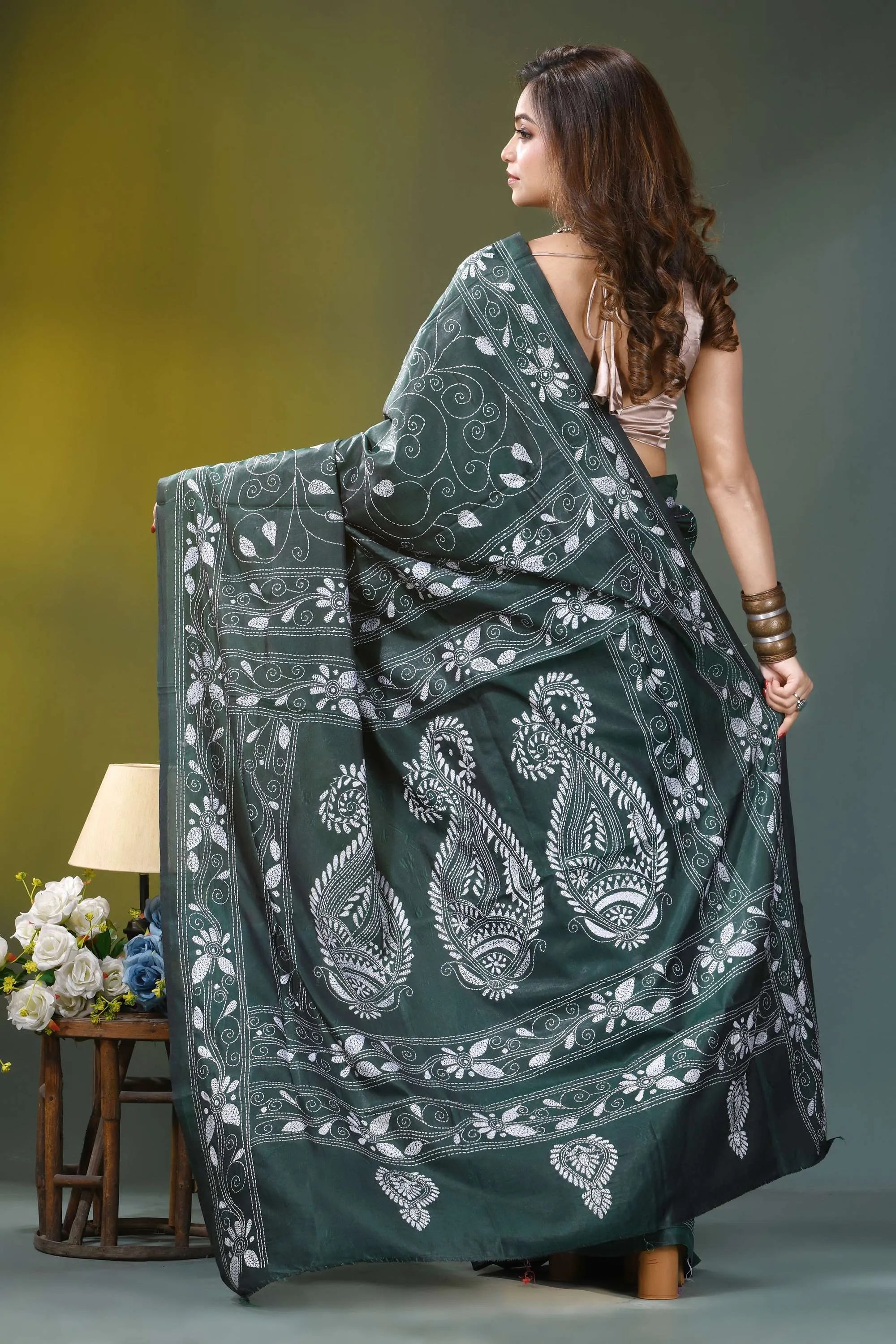 Jungle green paisley design handcrafted kantha silk saree dark green saree intricate white 5