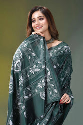Jungle green paisley design handcrafted kantha silk saree dark green saree intricate white 7