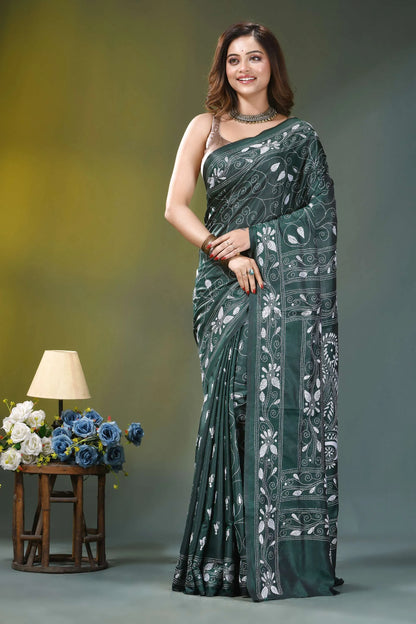 Jungle green paisley design handcrafted kantha silk saree dark green silk saree adorned 2