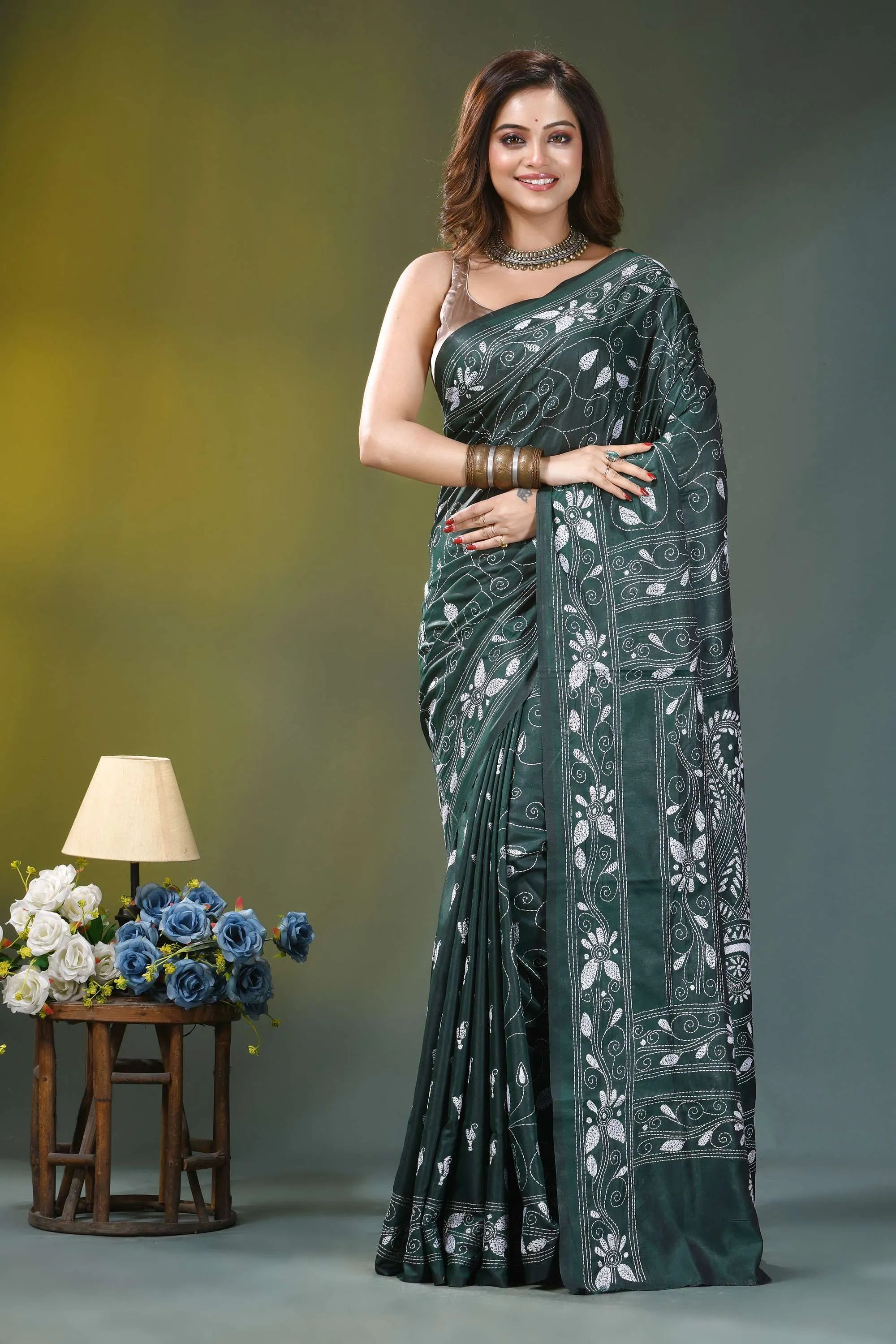 Jungle green paisley design handcrafted kantha silk saree dark green saree intricate white 1