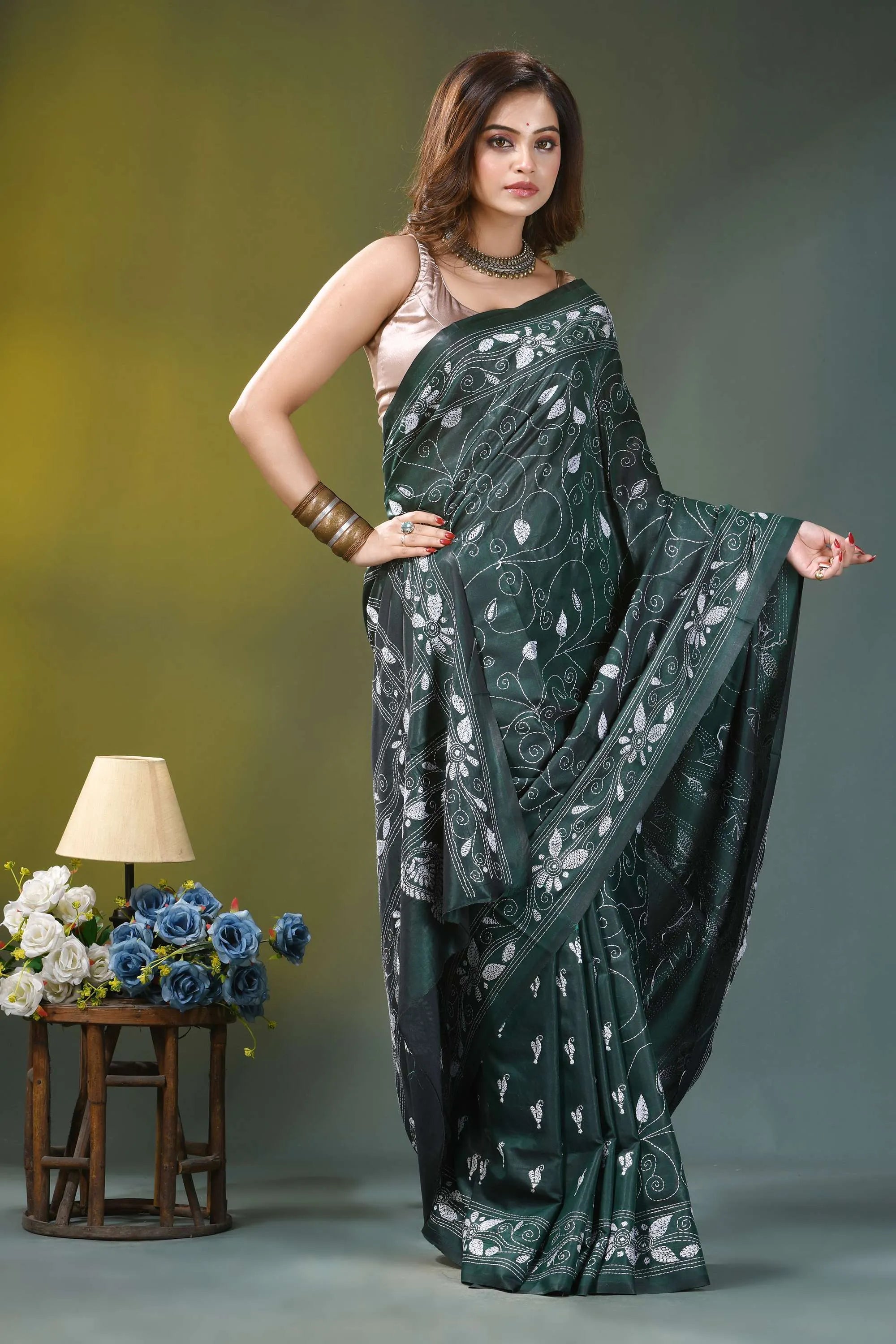 Jungle green paisley design handcrafted kantha silk saree dark green silk saree intricate 6