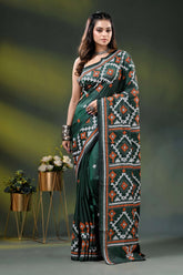 Jungle green silk gujrati stitch saree with geometric ethnic motif 1