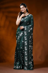 Jungle green silk kantha saree with flora-fauna motif hand embroidery 6