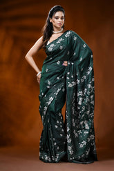 Jungle green silk kantha saree with flora-fauna motif hand embroidery 4
