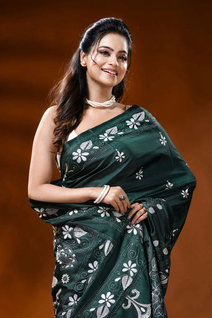 Jungle green silk kantha saree with flora-fauna motif hand embroidery 2