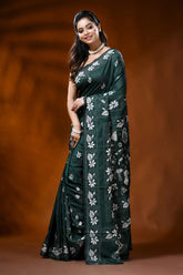 Jungle green silk kantha saree with flora-fauna motif hand embroidery 3