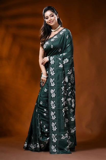Jungle green silk kantha saree with flora-fauna motif hand embroidery 3