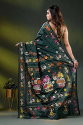 Jungle green silk kantha saree with hand embroidered village motif 5