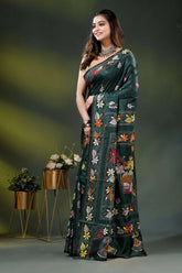 Jungle green silk kantha saree with hand embroidered village motif 3