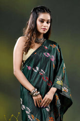 Jungle green silk kantha saree with hand embroidered village motif 2