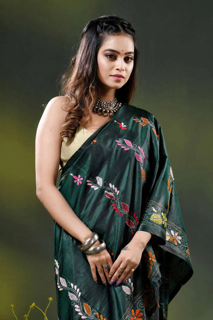 Jungle green silk kantha saree with hand embroidered village motif 2