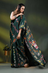 Jungle green silk kantha saree with hand embroidered village motif 4