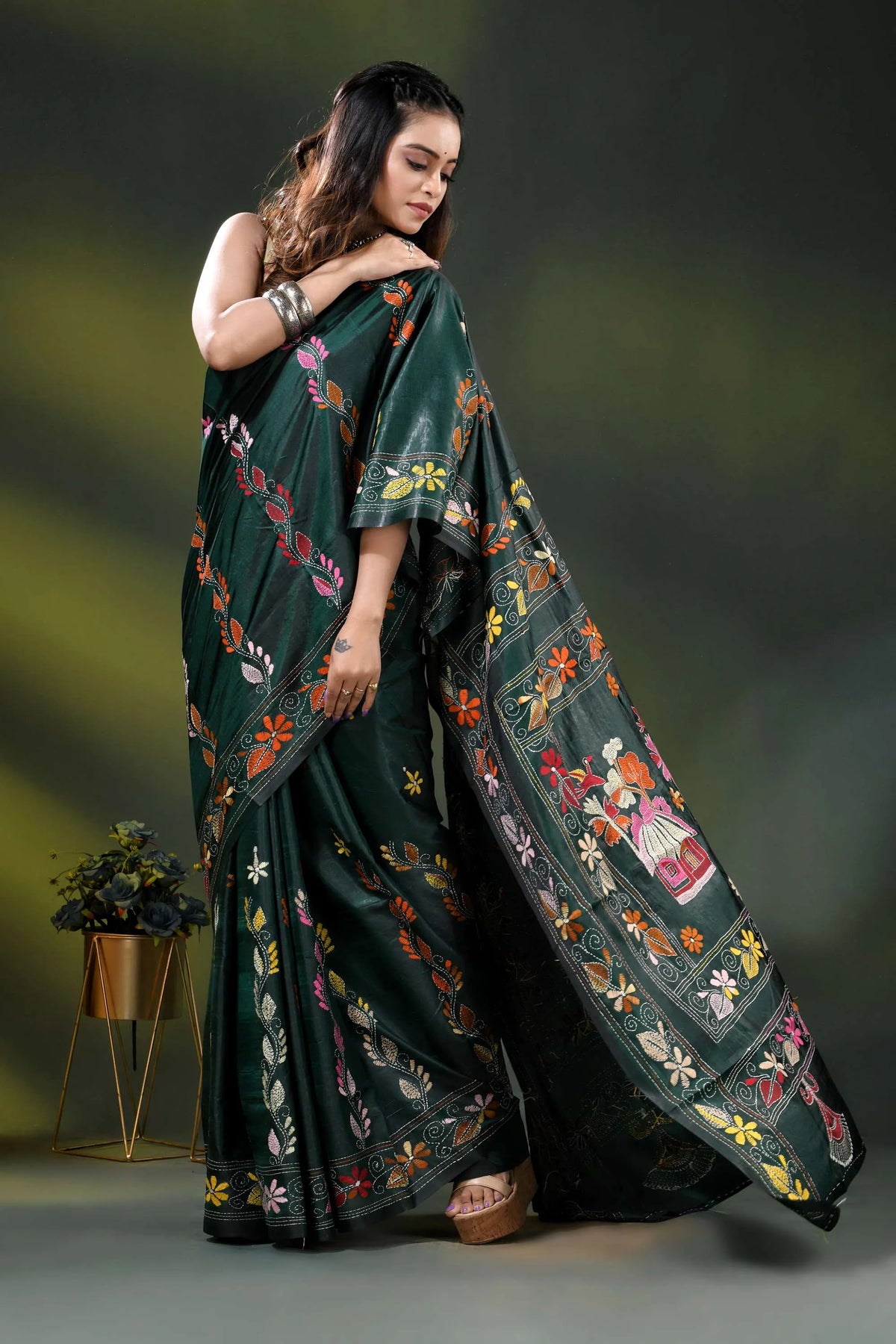 Jungle green silk kantha saree with hand embroidered village motif 4