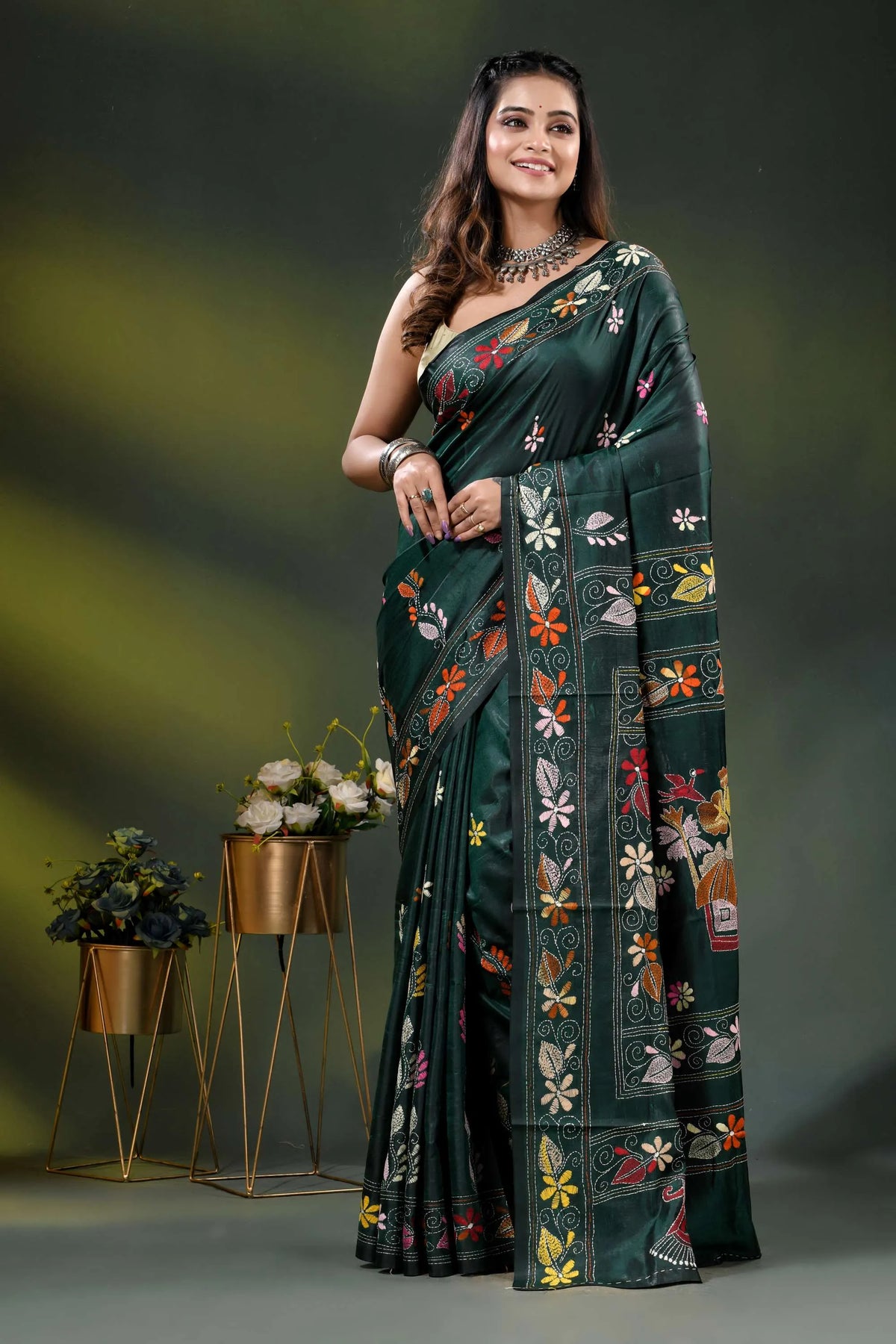 Jungle green silk kantha saree with hand embroidered village motif 6