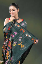 Jungle green silk kantha saree with multicolor bird floral motif 2
