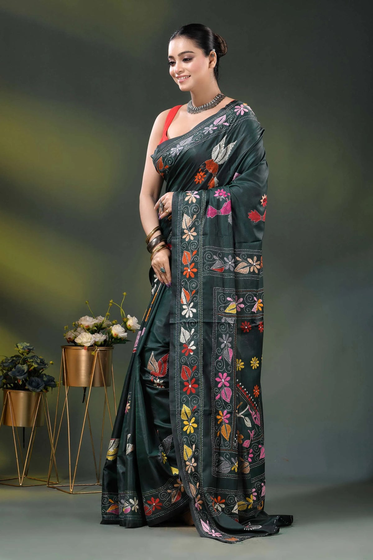 Jungle green silk kantha saree with multicolor bird floral motif 3