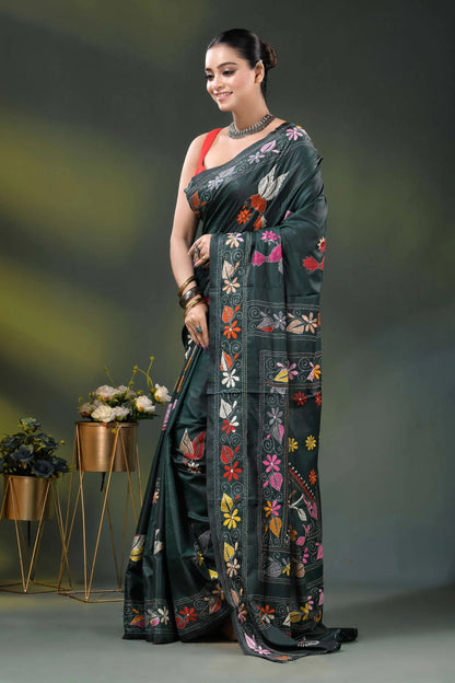 Jungle green silk kantha saree with multicolor bird floral motif 3