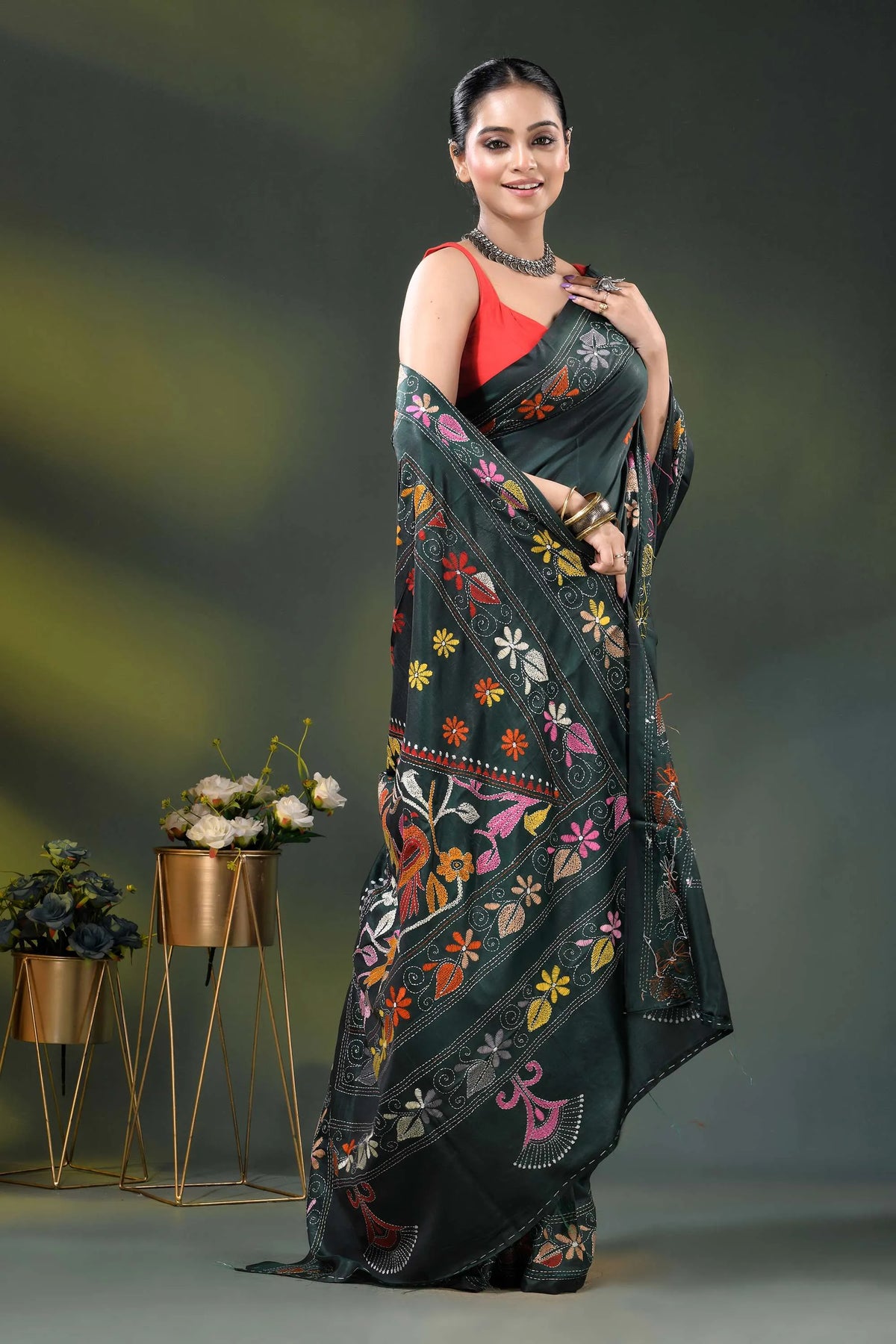 Jungle green silk kantha saree with multicolor bird floral motif 4