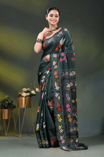 Jungle green silk kantha saree with multicolor bird floral motif 6