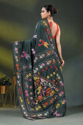 Jungle green silk kantha saree with multicolor bird floral motif 5