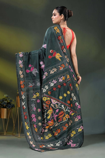 Jungle green silk kantha saree with multicolor bird floral motif 5