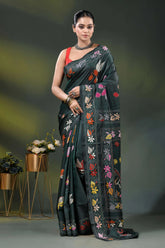 Jungle green silk kantha saree with multicolor bird floral motif 1