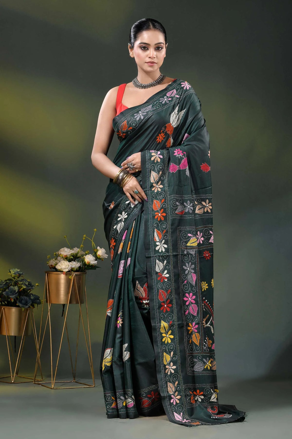 Jungle green silk kantha saree with multicolor bird floral motif 1