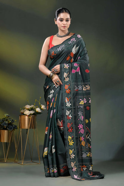 Jungle green silk kantha saree with multicolor bird floral motif 1