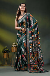 Jungle green silk kantha saree with multicolor floral nature theme 6