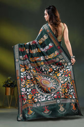 Jungle green silk kantha saree with multicolor floral nature theme 5