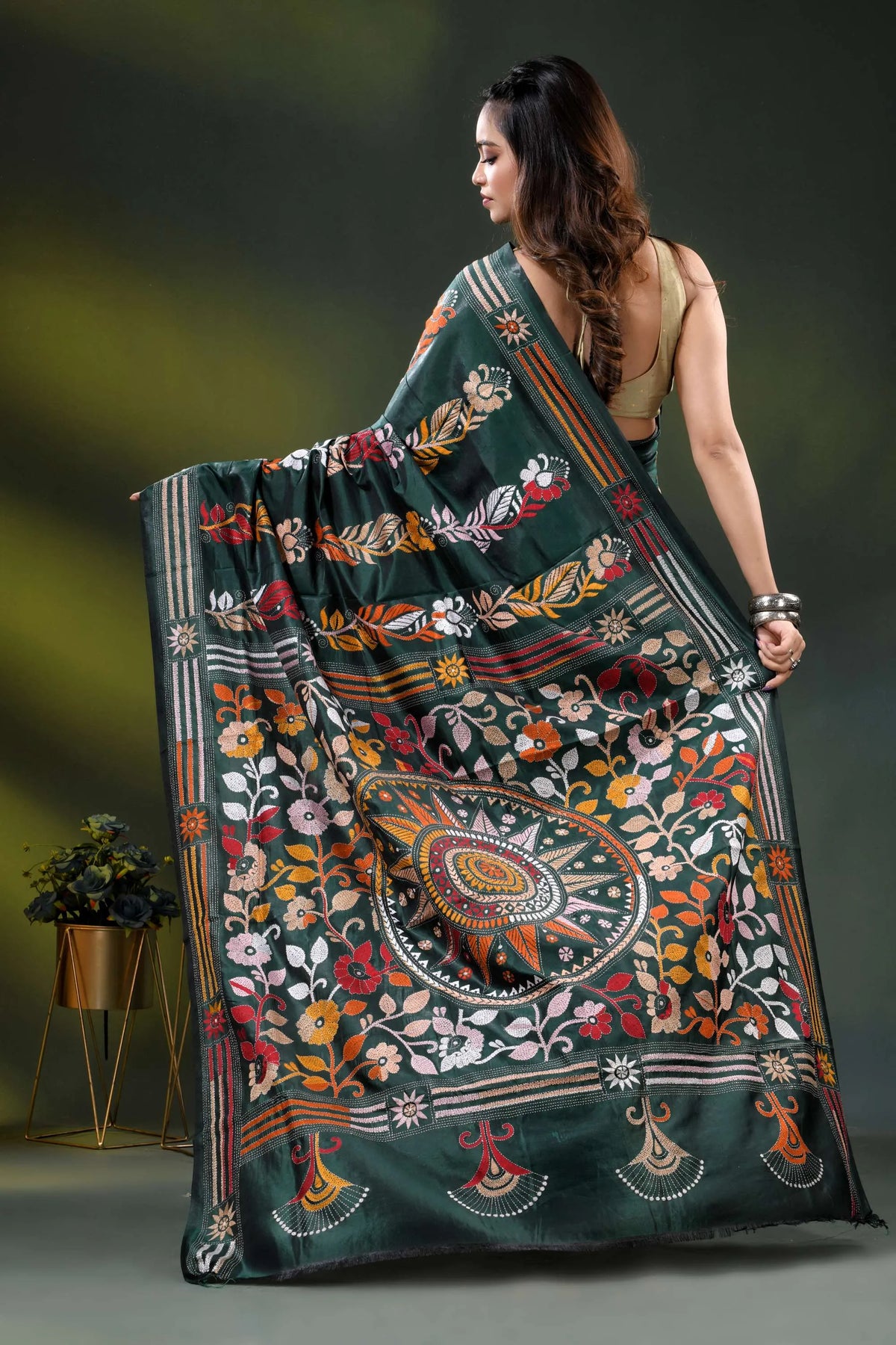 Jungle green silk kantha saree with multicolor floral nature theme 5