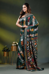Jungle green silk kantha saree with multicolor floral nature theme 3