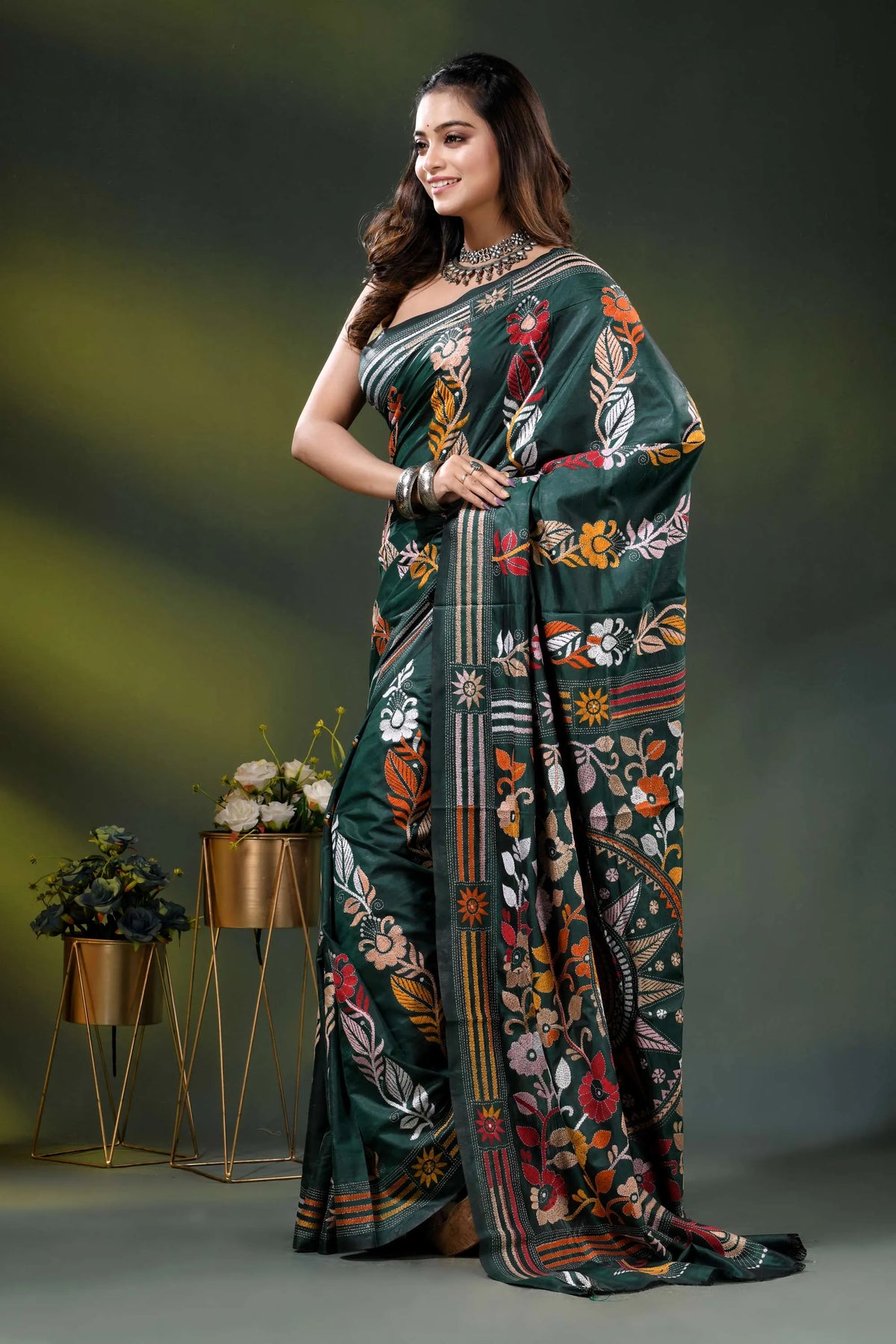 Jungle green silk kantha saree with multicolor floral nature theme 3
