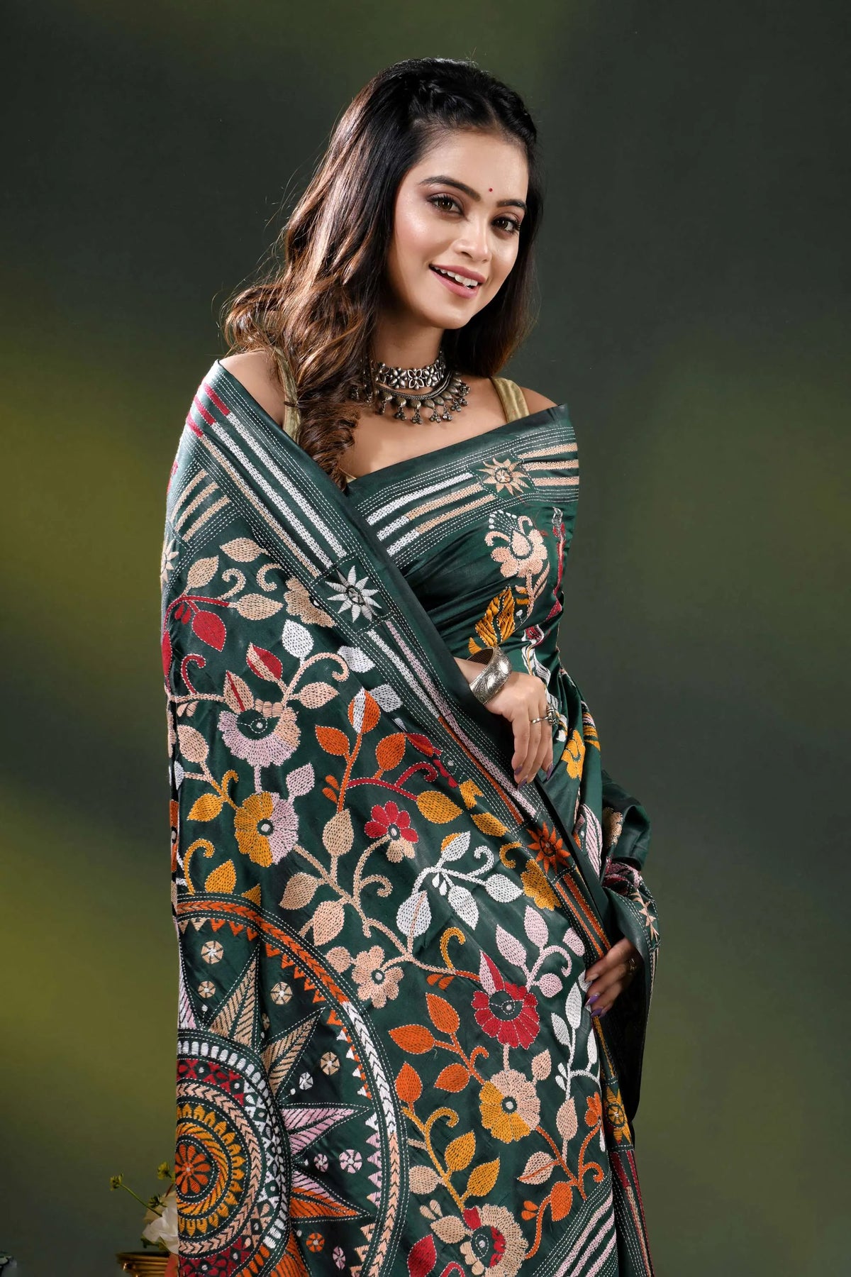 Jungle green silk kantha saree with multicolor floral nature theme 2