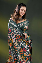 Jungle green silk kantha saree with multicolor floral nature theme 2
