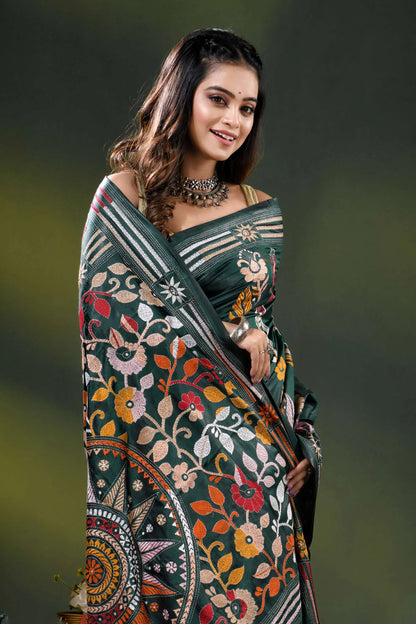 Jungle green silk kantha saree with multicolor floral nature theme 2